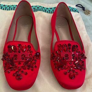 Tory Burch Delphine Loafer Satin Ruby Red Jeweled Slip Ons Size 6